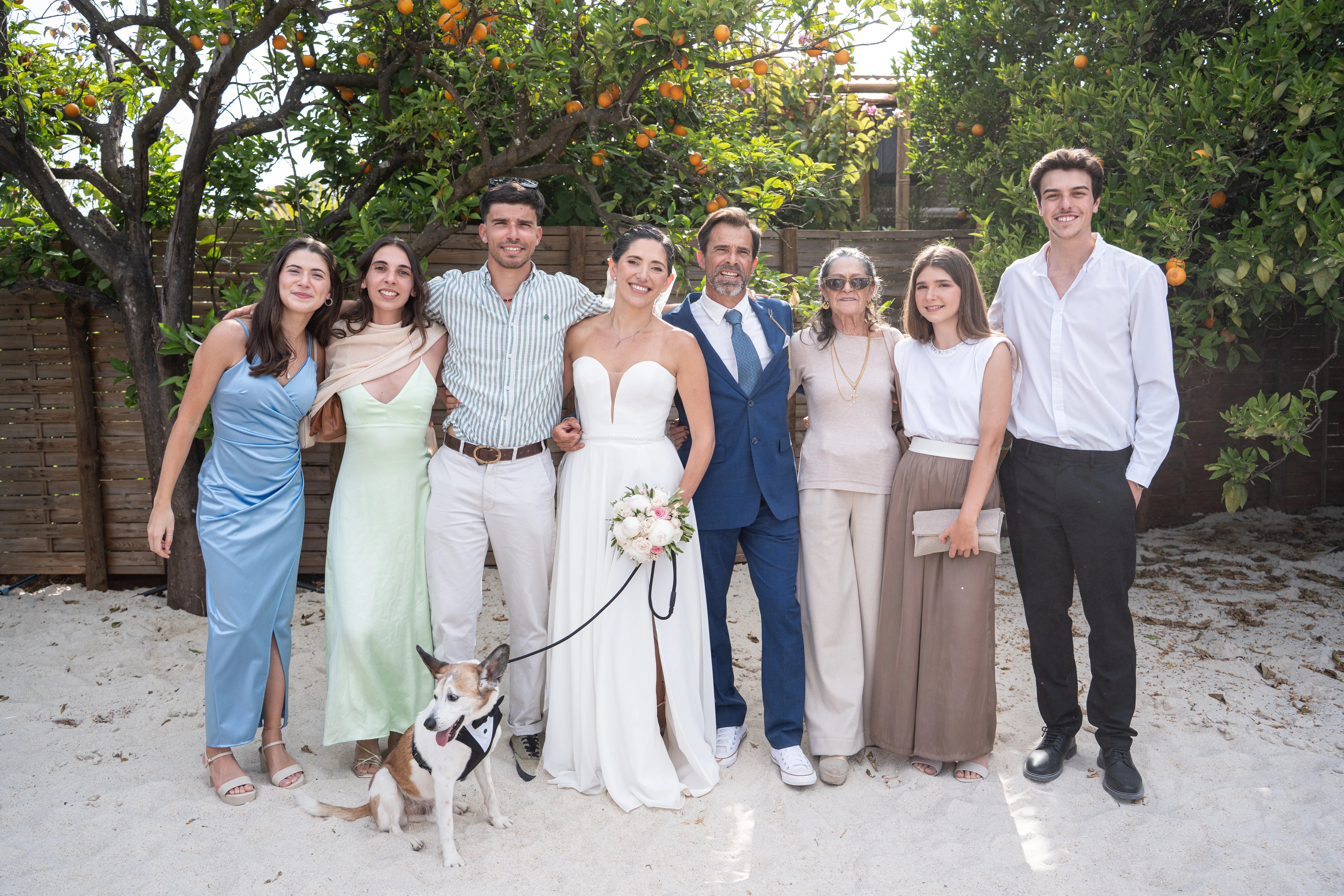 Family portrait after the wedding ceremony, under an orange tree, with a dog beside the bride