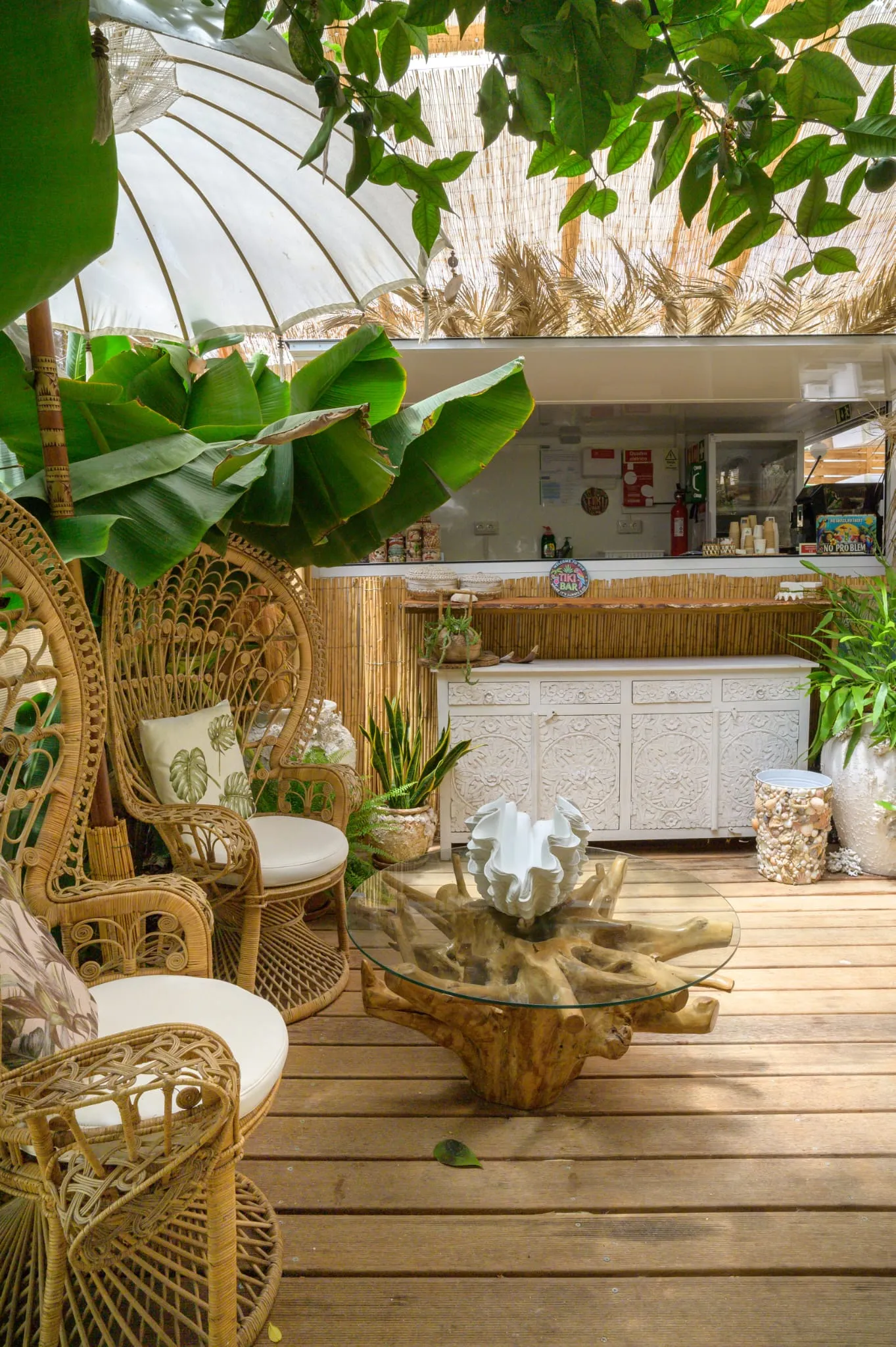 Lounge area with white peacock chairs, a low root table with a shell sculpture, the bar in the background