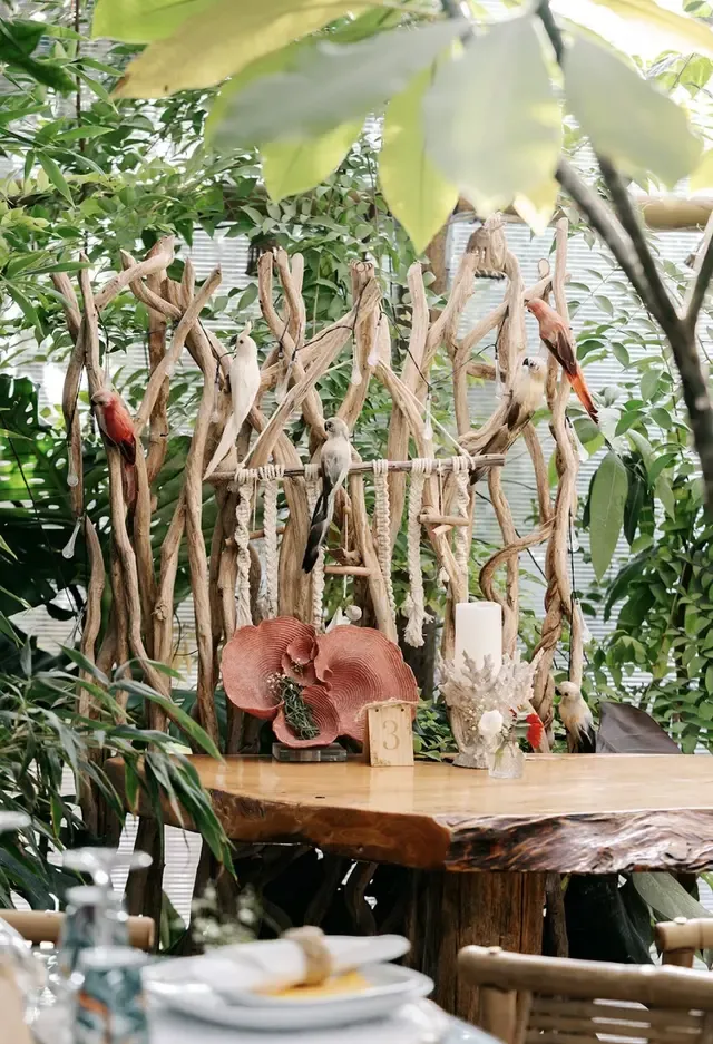 Decoration with wooden roots, macramé and colorful artificial birds atop a tree-trunk table